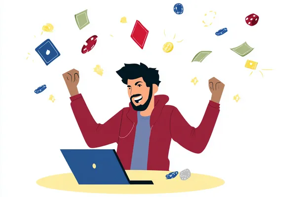 Um homem comemorando uma vitória em seu laptop enquanto símbolos de jogos flutuam ao redor, capturando a emoção dos jogos FIXE7777.